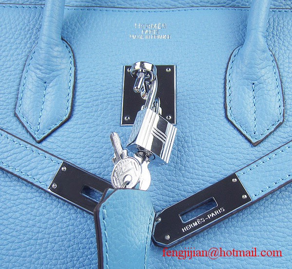 Hermes 35cm Embossed Veins Leather Bag Light Blue 6089 Silver Hardware